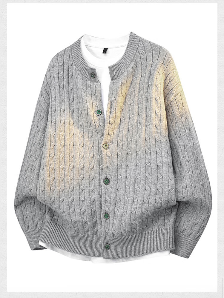 Dingfengbaoluo Cardigan Sweater Round Neck Autumn Winter Premium Button Long Sleeve Knit Jacket XJE10 Cedar Gray L 2