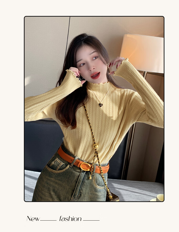 Caramella Women's 38 Goddess Festival Gift Semi-Turtleneck Ruffled Jacquard Long-Sleeve T-Shirt Spring Autumn 13