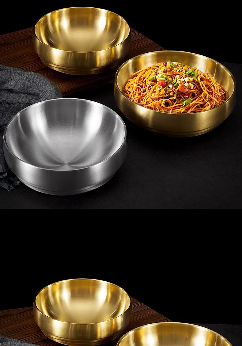 Caitang Thickened Stainless Steel Korean Cold Noodle Bowl Double-Layer Anti-Scald Korean Bibimbap Soup Bowl Gold 21cm Jingcang 11