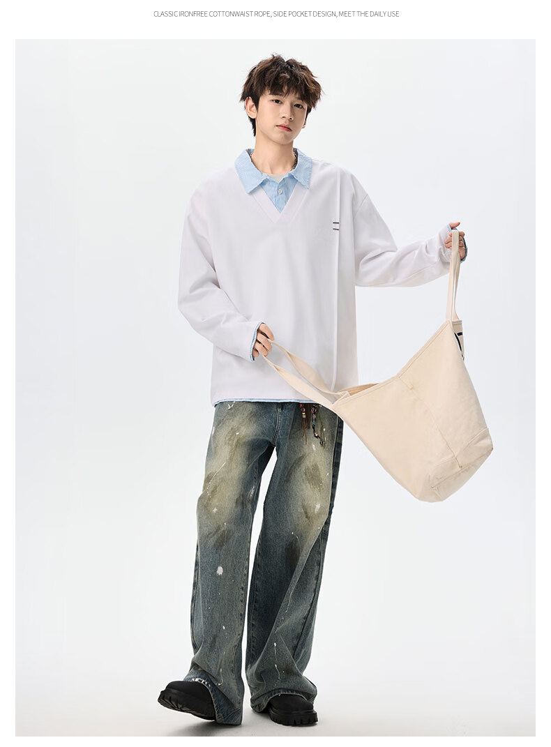 Foss Phil Men's Spring Autumn Colorblock Layered Collar Sweatshirt Casual Polo Shirt YWY1022 Glacier White XL 13