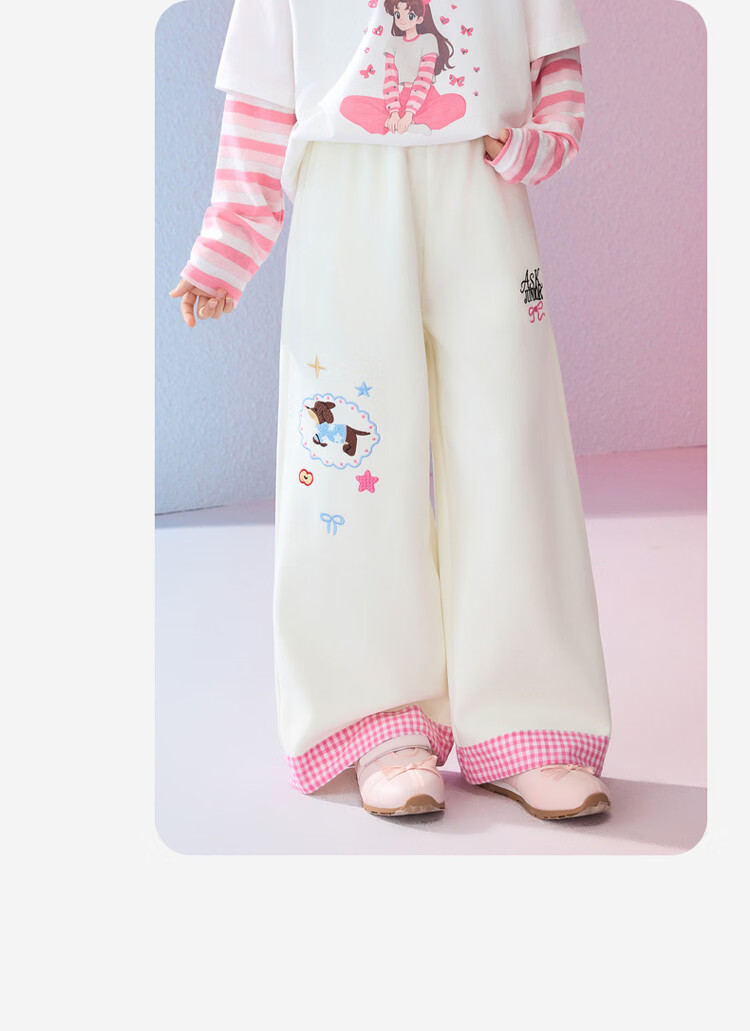 ASK JUNIOR Kids Pants 2026 Spring Straight-Leg Trousers for Girls Plaid Color-Block Casual Pants Apricot 4
