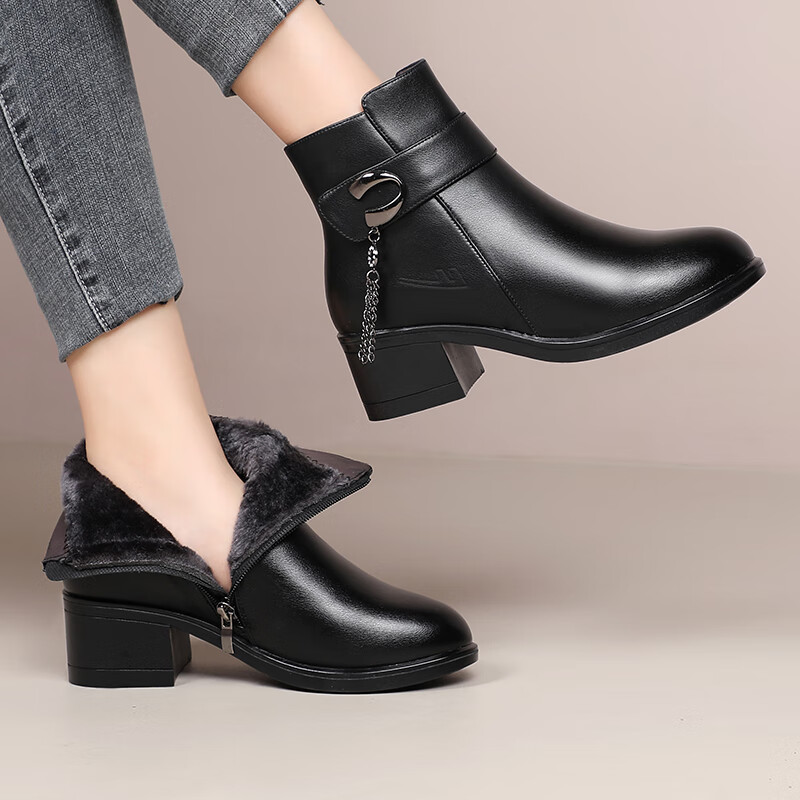 Warrior Mom Shoes Middle-aged Winter Short Boots Fleece Lined Non-slip Cotton Shoes Warm Mid Heel Middle-aged and Elderly Women's Leather Shoes 0872 Black Size 41