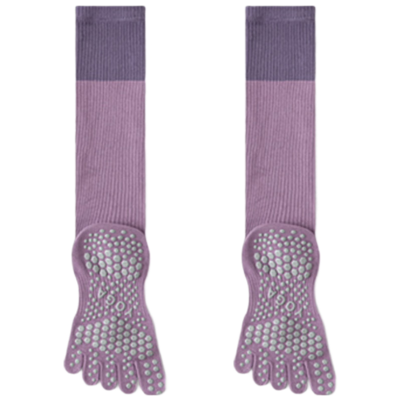 Dewick Five-Toe Yoga Socks Calf Compression Anti-Slip Pilates Training Indoor Sports Toe-Separated Long Tube Colorblock Purple