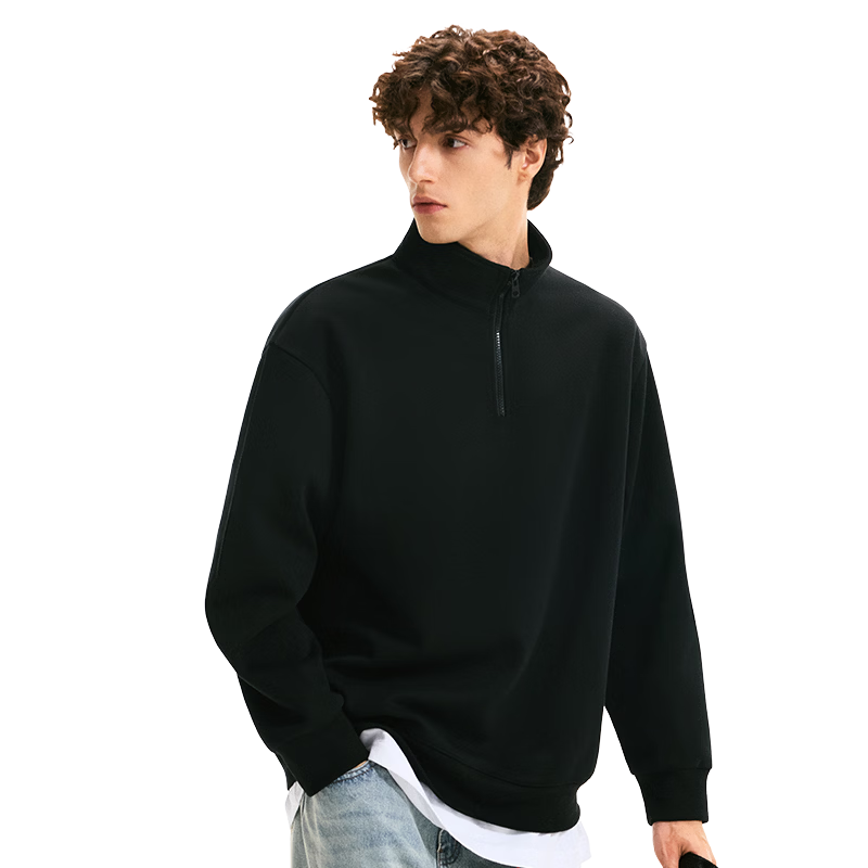 Fingercroxx IT Men's Hoodie American Style Loose Fit Pullover Autumn New Half-Zip Casual Jacket Light Beige 2XL