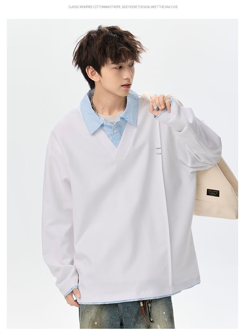 Foss Phil Men's Spring Autumn Colorblock Layered Collar Sweatshirt Casual Polo Shirt YWY1022 Glacier White XL 14