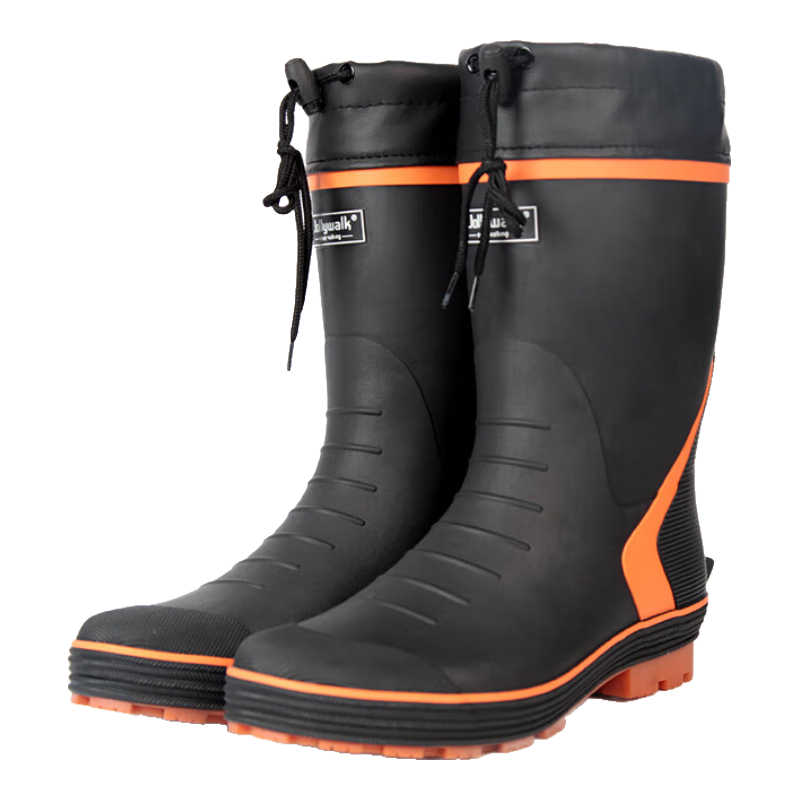 Jolly Walk New Rubber Rain Boots, Outdoor Fishing Waterproof Boots with Protective Cuffs, Black And Orange (New Cowhide Sole), Size 39