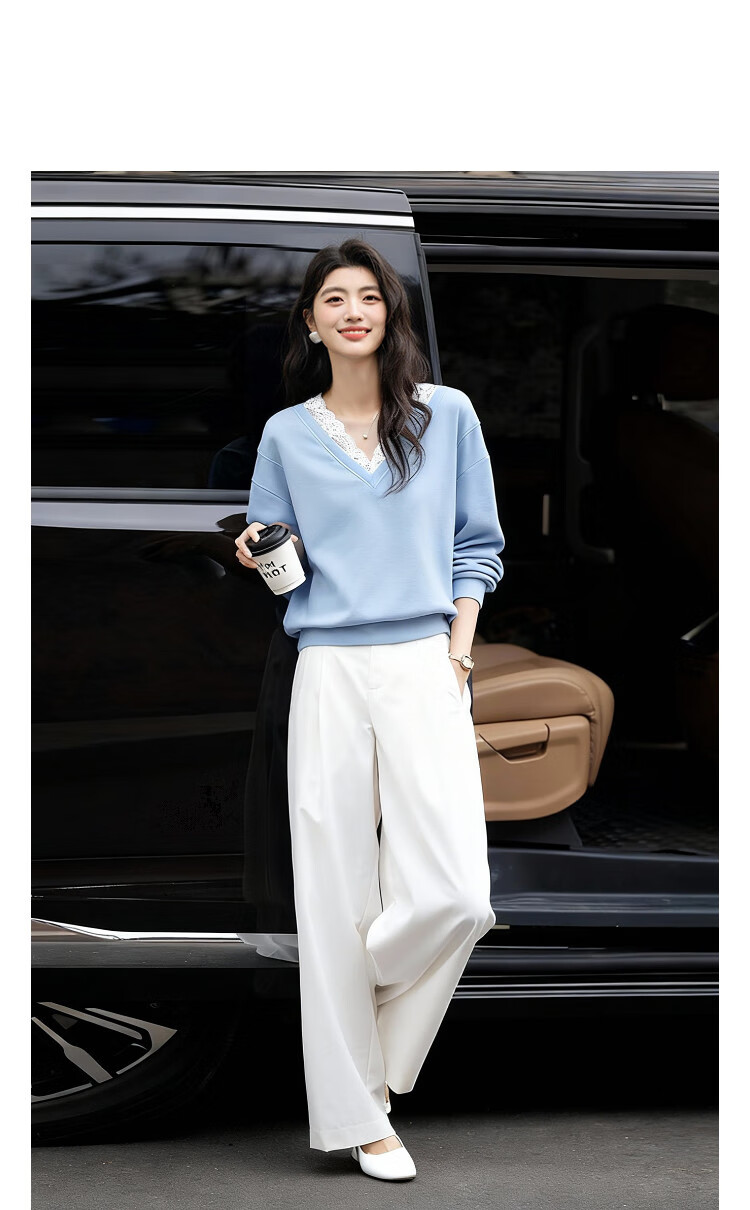 Dme 【Q】Spring Korean Style Lace Splice V-Neck Drop Shoulder Long Sleeve Petite Sweatshirt for Women 13