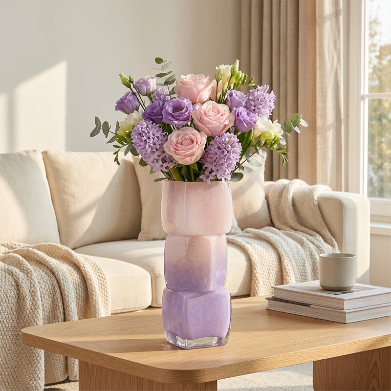 Qiju Yaji Glass Vase Stacking Sugar Cube Luxury High-End Living Room Entryway Water Planting Flower Arrangement Decoration Three Compartments Purple 30214