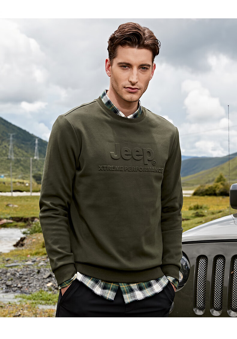 Jeep Men's Autumn Fleece-Lined Warm Long Sleeve Outdoor Loose Fit Crewneck Pullover Sweatshirt 4366 11
