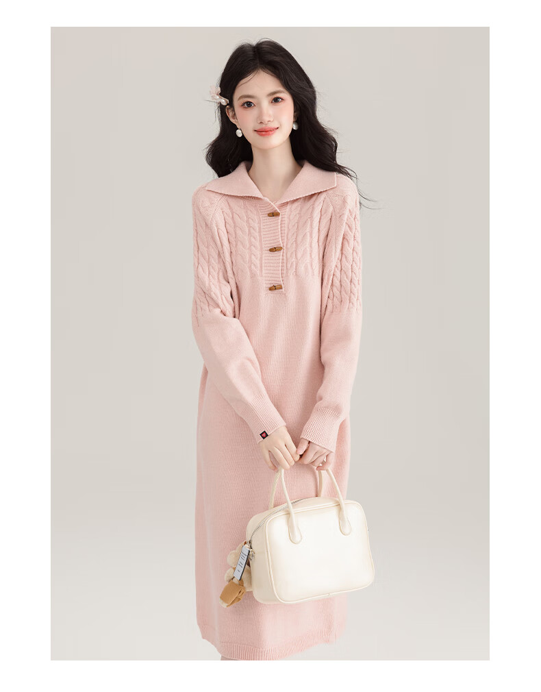 :CHOCOOLATE Women's Red Cable Knit Pullover Dress with Turn-Down Collar, Warm Sweater Dress for Spring and Autumn, Size M 6