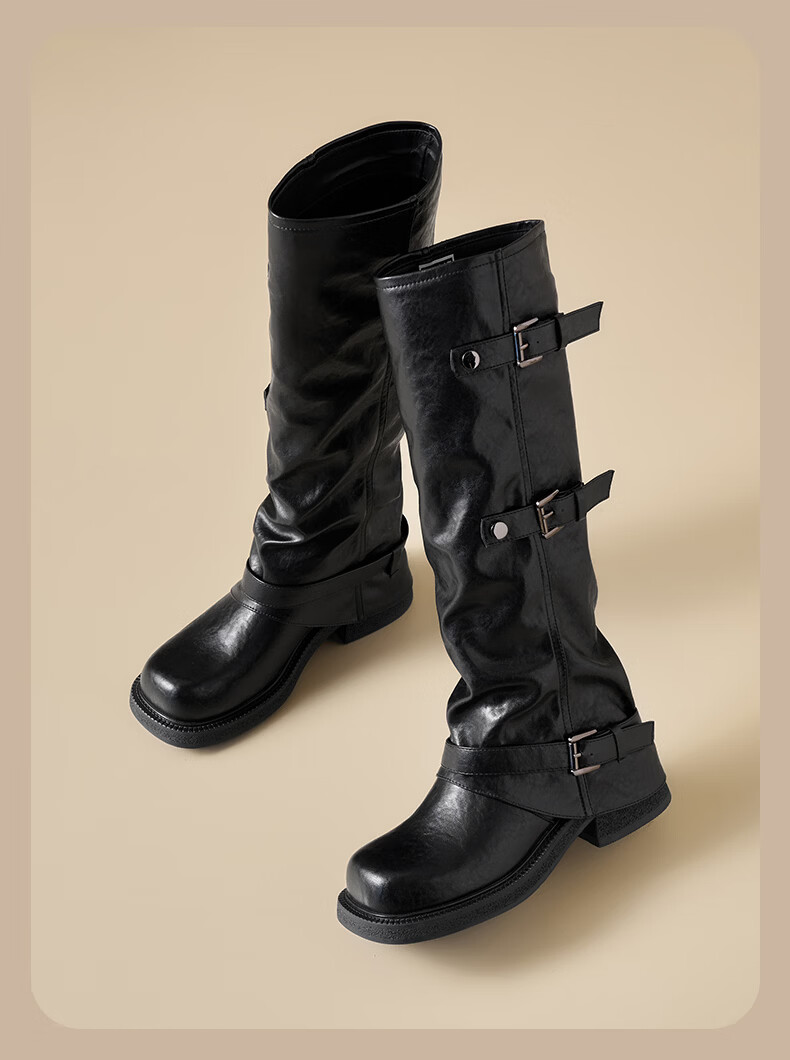 St&Sat Women's Fleece-Lined Tall Boots 2025 Winter New Fashion Belt Buckle Versatile Knight Boots Western Cowboy Mid-Calf Boots 4
