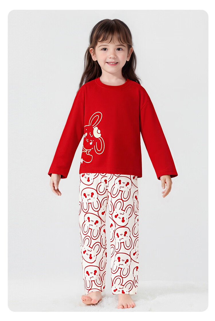 Classic Teddy Kids Pajamas Boys Girls Homewear Red Year Long Sleeve Set Cotton Breathable 2-Piece Set Little Rabbit 110 7