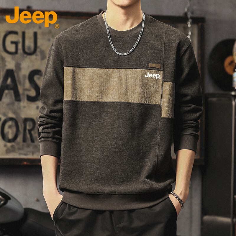 JEEP Men's Spring Autumn High-End Colorblock Base Layer Long Sleeve T-Shirt Brown L