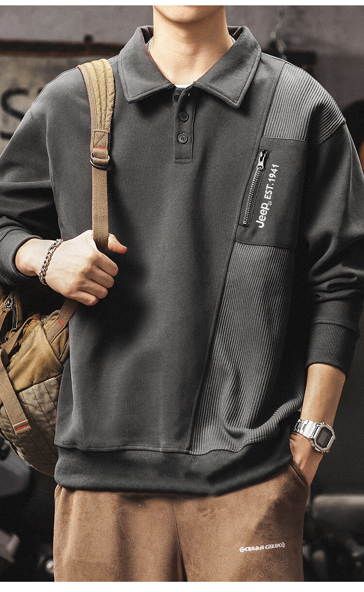 JEEP Men's Heavyweight Long Sleeve Polo Sweatshirt Spring Autumn Black XL 15