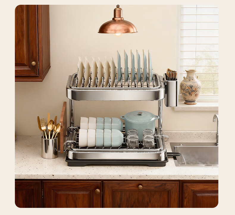Jiabangshu Kitchen Storage Rack Stainless Steel Dish Rack Multifunctional Draining Rack Large Capacity Countertop Kitchen Utensil Organizer 3