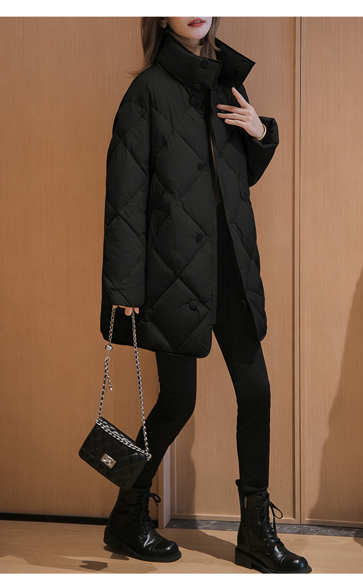 PinCai Women's Quilted Mid-Length Stand Collar Cotton Jacket Winter Windproof Over-the-Knee Coat P144M1010 11