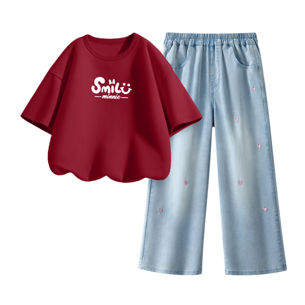 Disney Kids Fashion Set 2026 Summer New Stylish Korean Style Girls Denim Pants Outfit Sweet Girl Clothing