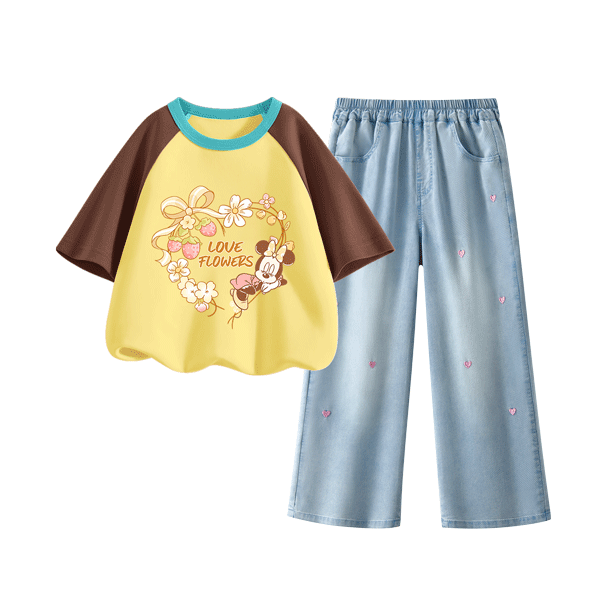 Disney Kids Fashion Set 2026 Summer New Stylish Korean Style Girls Denim Pants Outfit Sweet Girl Clothing