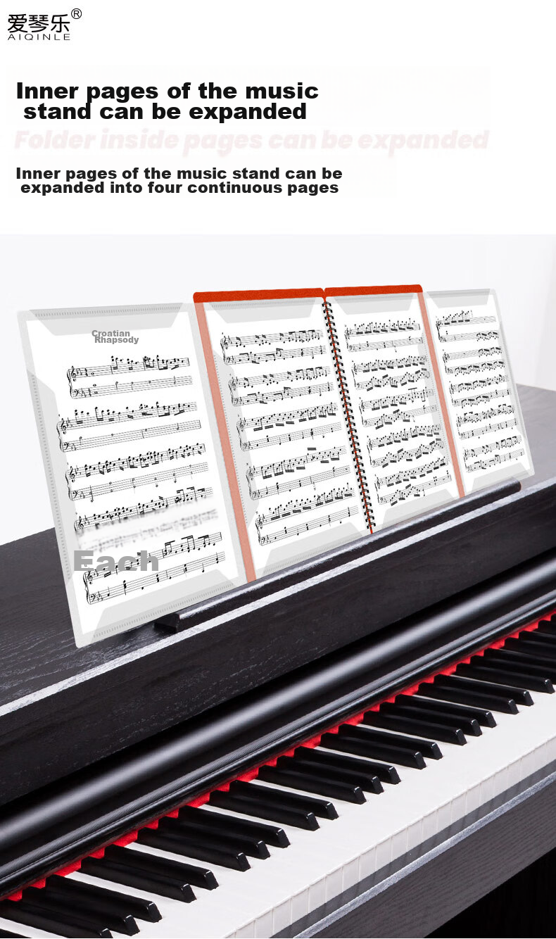 Aiqinle A4 Sheet Music Folder, Full-Size Open, Four Pages, Holds 40 Sheets, Stylish Black Piano Score Folder, Multifunctional And Editable 3