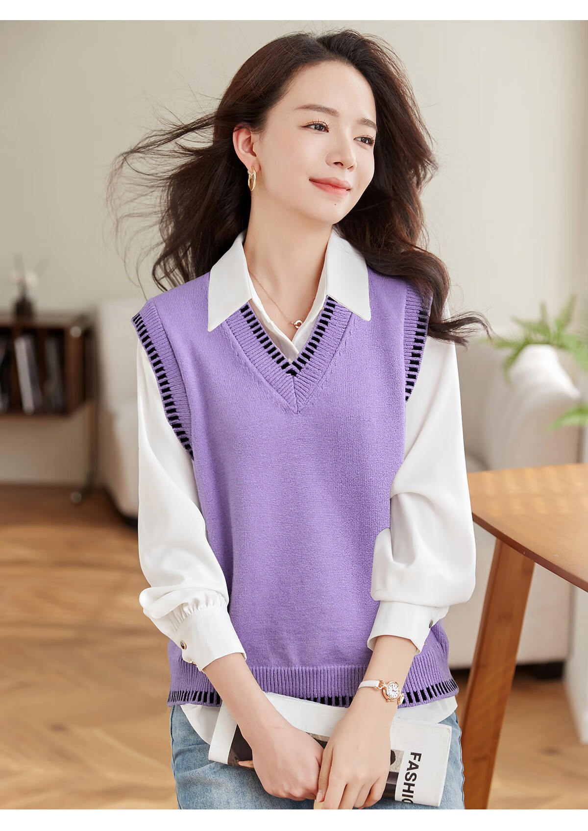 Taxiang Women's V-Neck Sleeveless Knit Vest, Fashionable Slimming Inner Layer Top T13KZ5499 17