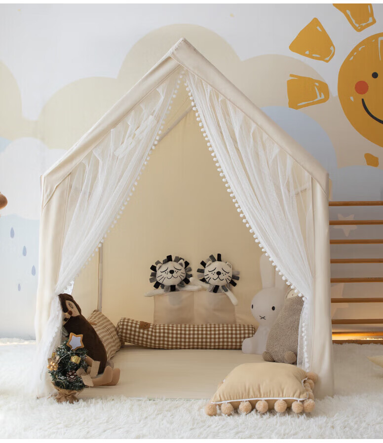 Mushroom Elephant Kids Tent Indoor Playhouse Birthday Gift Beige House PVC Poles Medium Size + Thick Cotton Mat + Bouquet + Bunting Flags 18