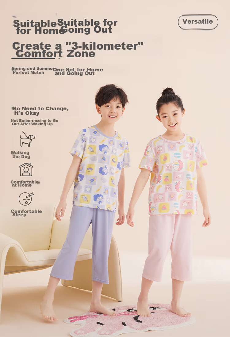 Hodo Children's Pajamas Short Sleeve Home Wear Set for Boys And Girls, Summer Pure Cotton Casual Two-Piece Set J3305 Light Blue 130 2