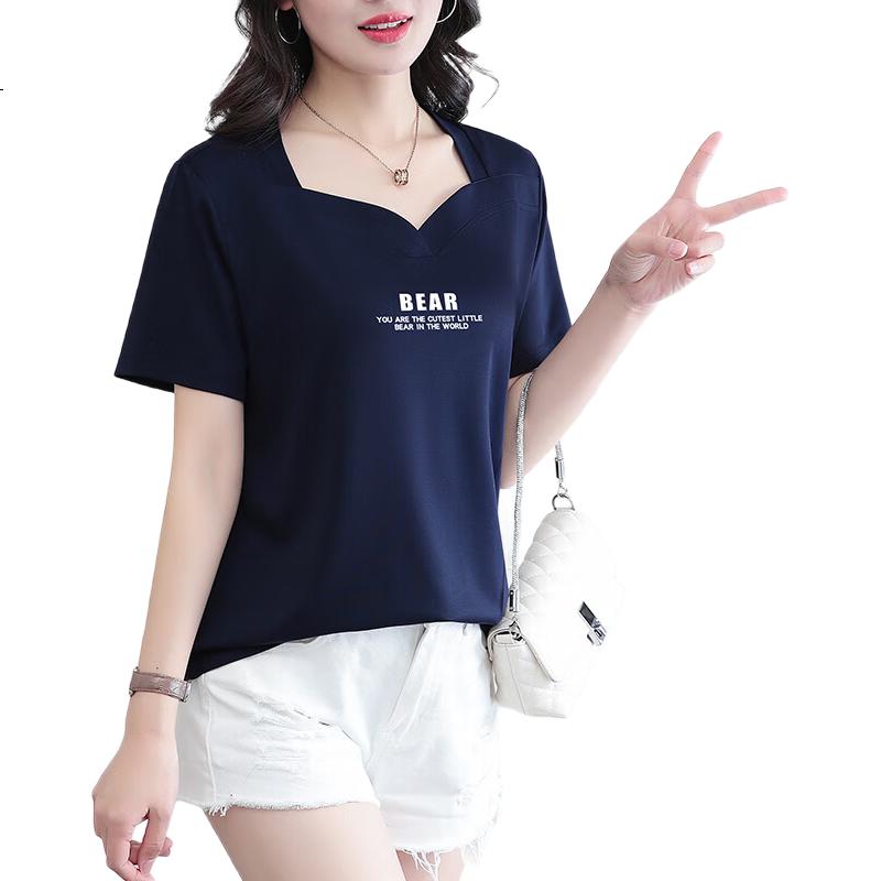 Woodpecker Ice Silk Short Sleeve T-Shirt Women Summer New Middle-Aged Thin Slim Casual Half Sleeve Top Royal Blue 3XL