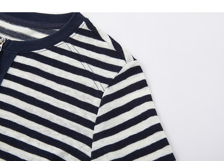 Demana [Cloud Soft Cotton] Spring Retro Striped Half-Placket Colorblock Long Sleeve Petite Women's T-Shirt 4