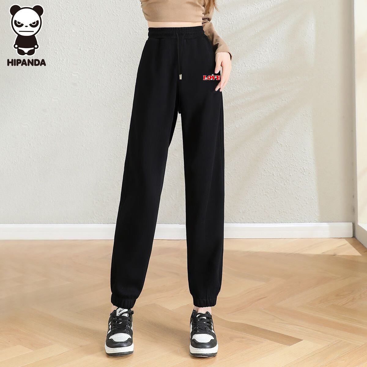 HIPANDA Women's Casual Pants 2025 Autumn Trendy Brand Loose High-Waist Slim Jogger Sweatpants Black L