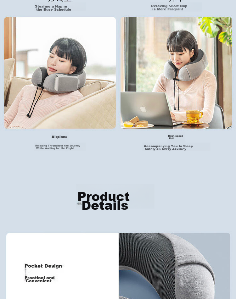 JD Original Pure Thai Imported 94% Natural Latex U-Shaped Pillow, Pure Cotton Multifunctional Travel Neck Pillow, Dark Gray 13