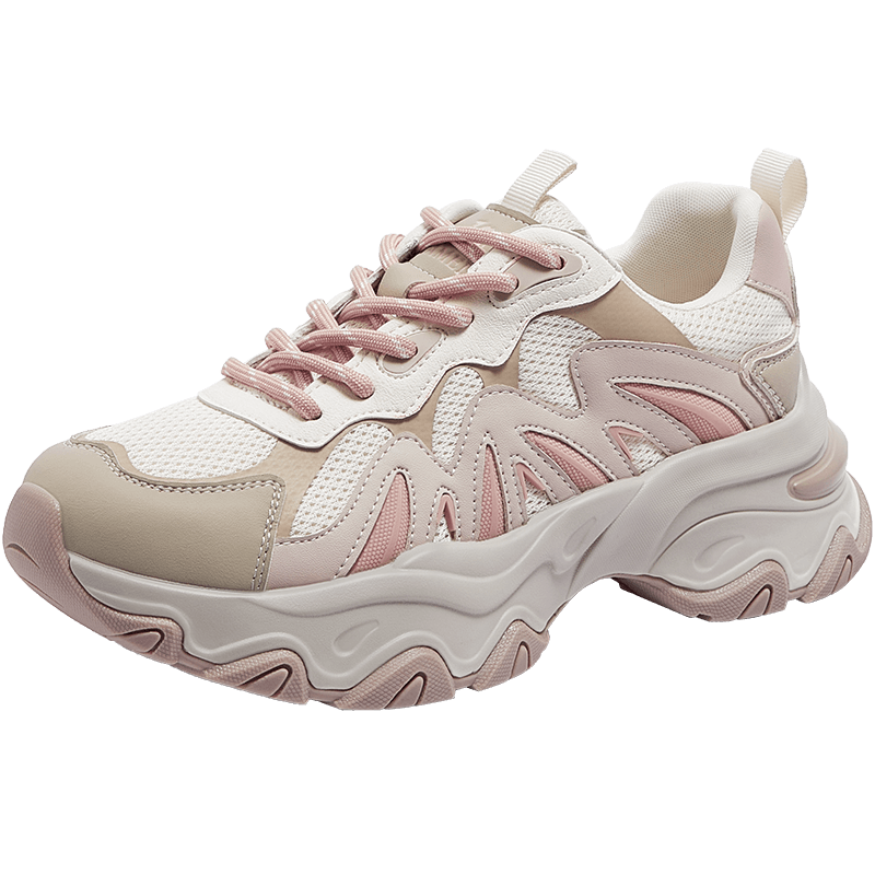 CAMEL Fishbone Shoes 2nd Generation Colorblock Dad Sneakers Thick Sole Sports Casual Shoes L26S283153 Beige/Pink Size 38