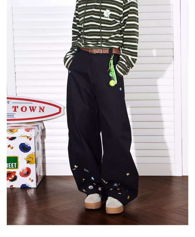 BEETLE TOWN Cartoon Embroidered Casual Pants for Women Spring Autumn 2025 New Loose Wide-Leg Curved Blade Pants Black M 19