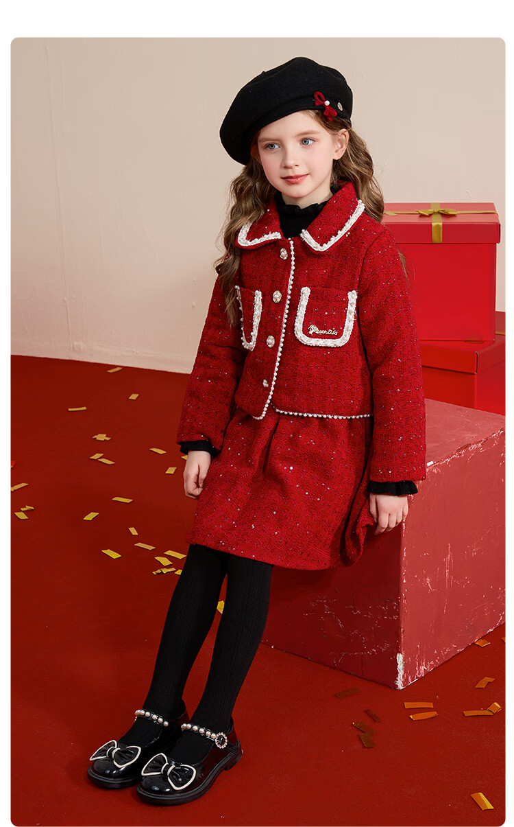 Disney Girls' Spring Autumn 2026 New Stylish Red Padded Jacket and Skirt Two-Piece Set 1