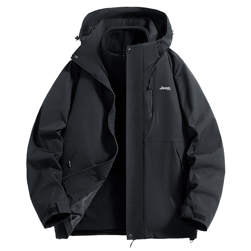 JEEP Windbreaker Jacket for Men And Women, Three-In Two-Piece Set, Warm Windproof Fleece-Lined Coat, Phantom Black, 2XL