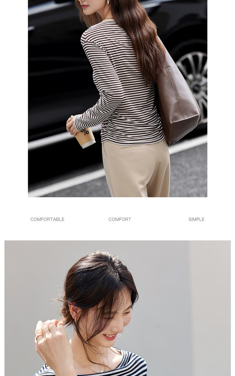 Vimly French Vintage Striped T-Shirt Women Autumn Winter Slim Fit Long Sleeve Top White Navy Stripes M 7