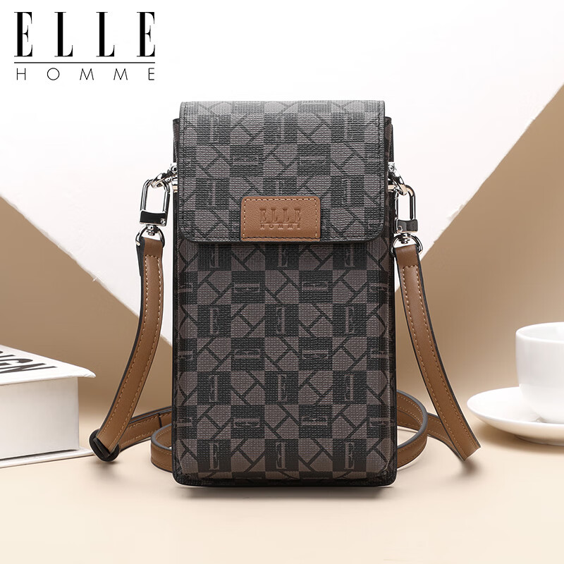ELLE HOMME Fashion Single Shoulder Crossbody Bag Trendy PVC Leather Phone Bag Casual Unisex Small Shoulder Bag 3031 Dark Coffee