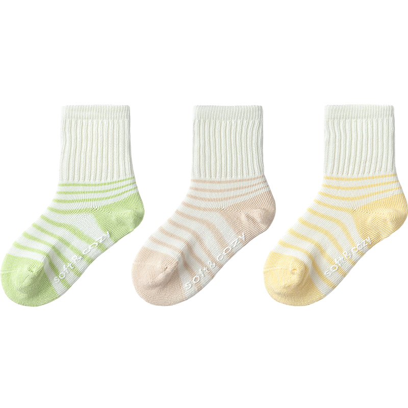 Balabala [balaOne] Children's Socks Spring and Autumn Boys and Girls Cotton Striped Mid-Calf Cute Socks 3-Pack