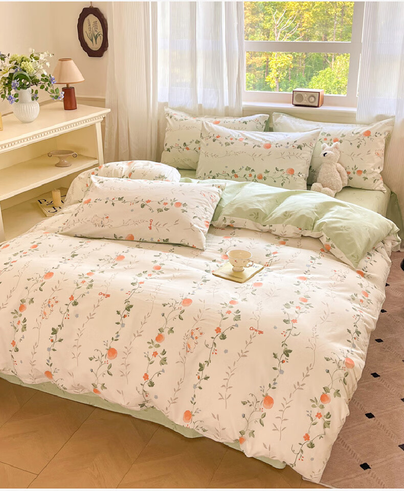 Hodo Pure Cotton 4-Piece Bedding Set 1.5/1.8m Double Bed Printed Cotton Duvet Cover Xinjiang Cotton Bed Sheet 200x230cm Qianxun Floral 14