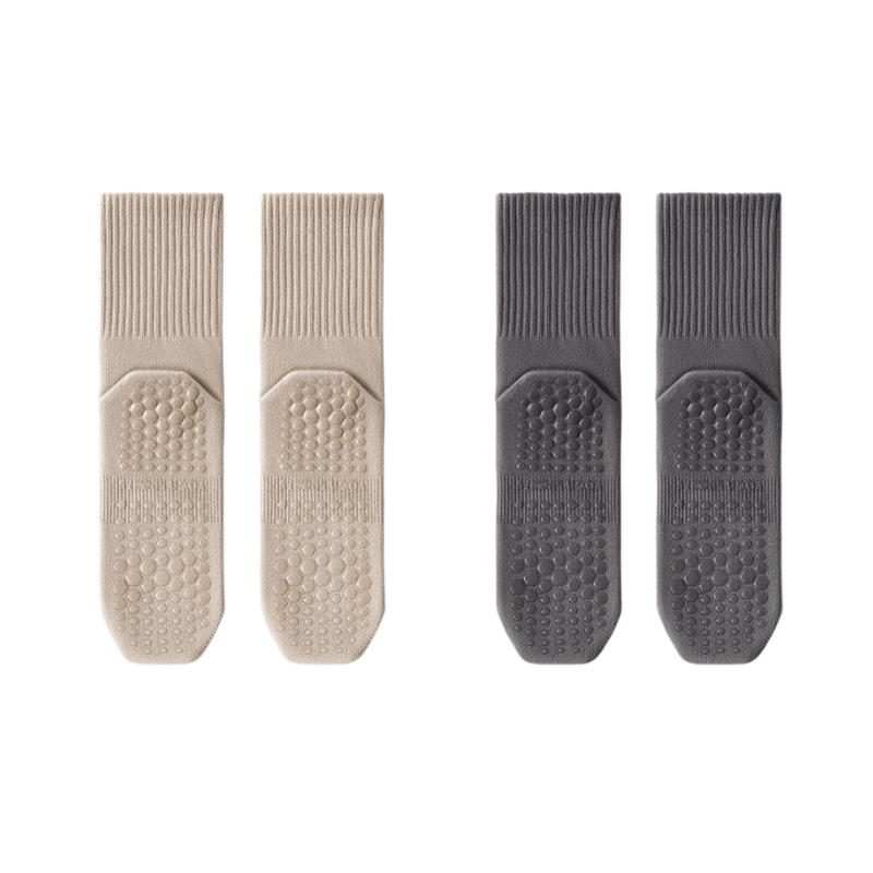 Duweike Yoga Socks Professional Non-Slip Rubber Sole Pilates Fitness Mid-Calf with Sharkskin Pants Khaki + Dark Gray 2 Pairs Set