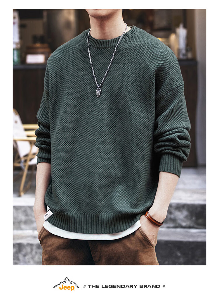 JEEP Men's Winter Loose Fit Crew Neck Premium Knit Sweater Inner Layer Military Green L 5