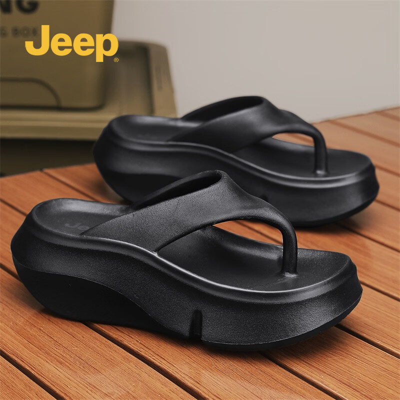 JEEP Women's New Herringbone Flip Flops Outdoor Casual Thick Sole Height Increasing 7cm Black Size 37-38