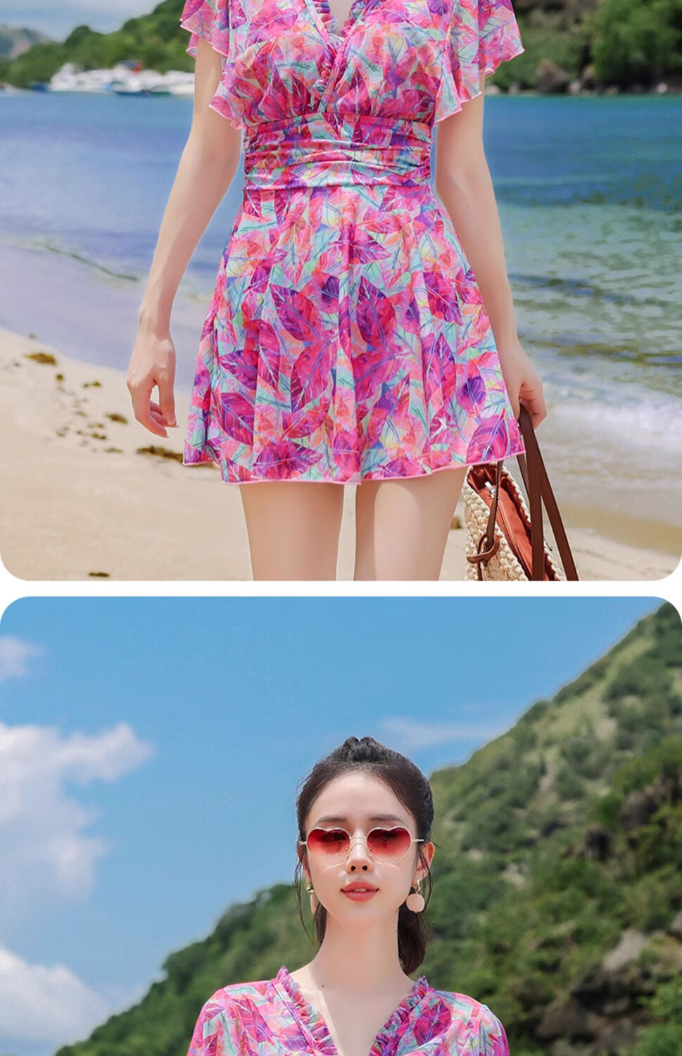 Xtep Women's One-Piece Skirted Swimsuit for Adults, Fashionable Printed Conservative Slimming Swimwear for Hot Springs and Beach Vacation 12