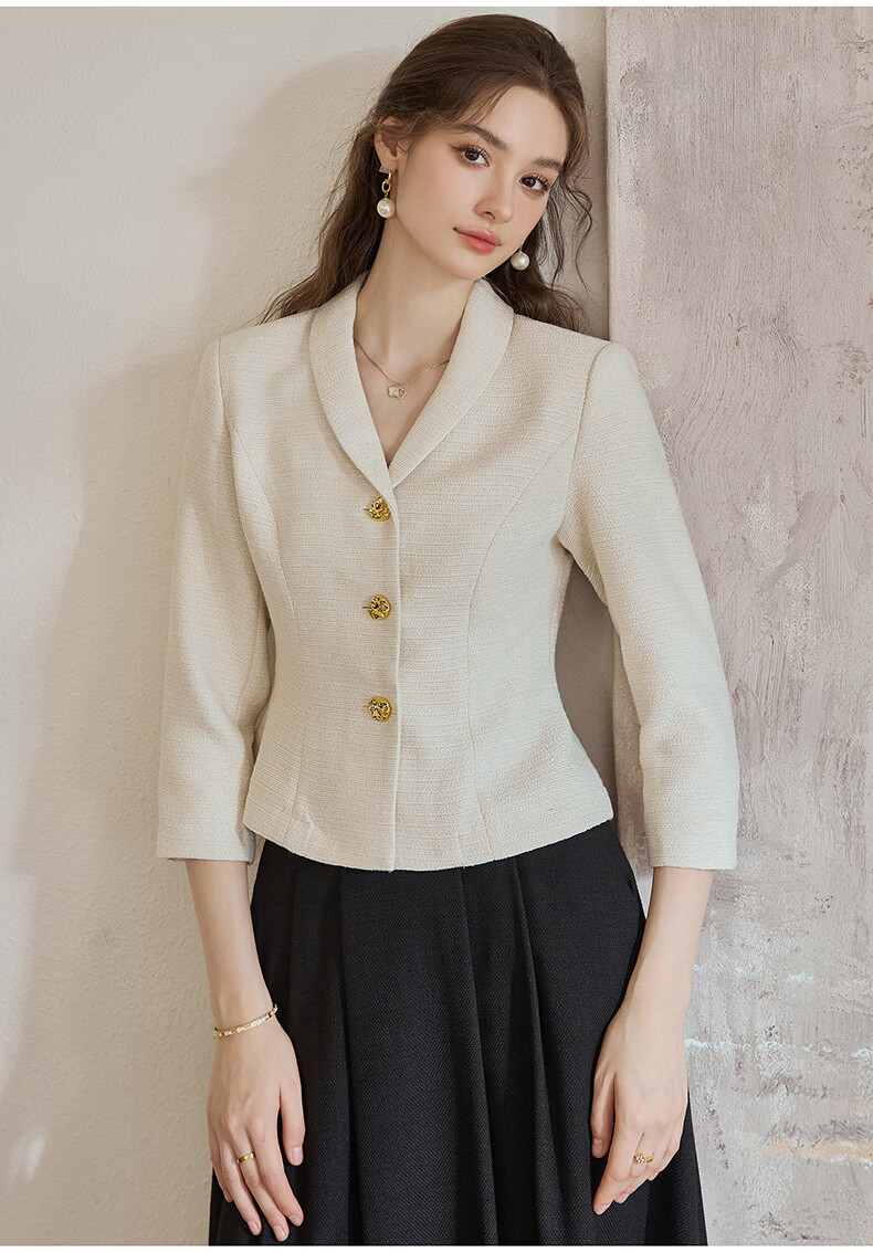 ROEYSHOUSE French Style Light Mature Tweed Short Jacket Women Spring Waist Slim Top 09445 Off-White S 16