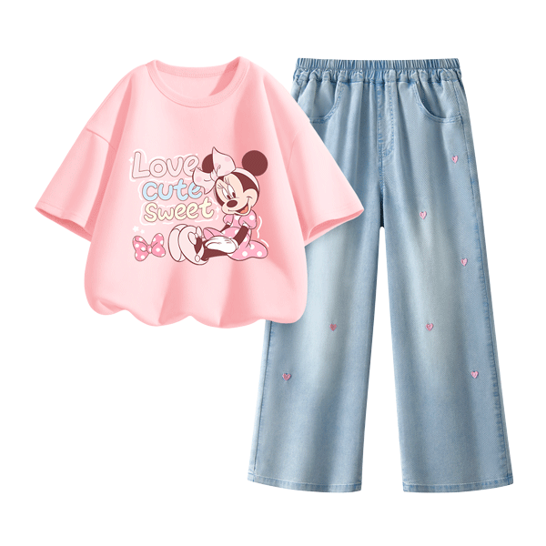 Disney Kids Fashion Set 2026 Summer New Stylish Korean Style Girls Denim Pants Outfit Sweet Girl Clothing