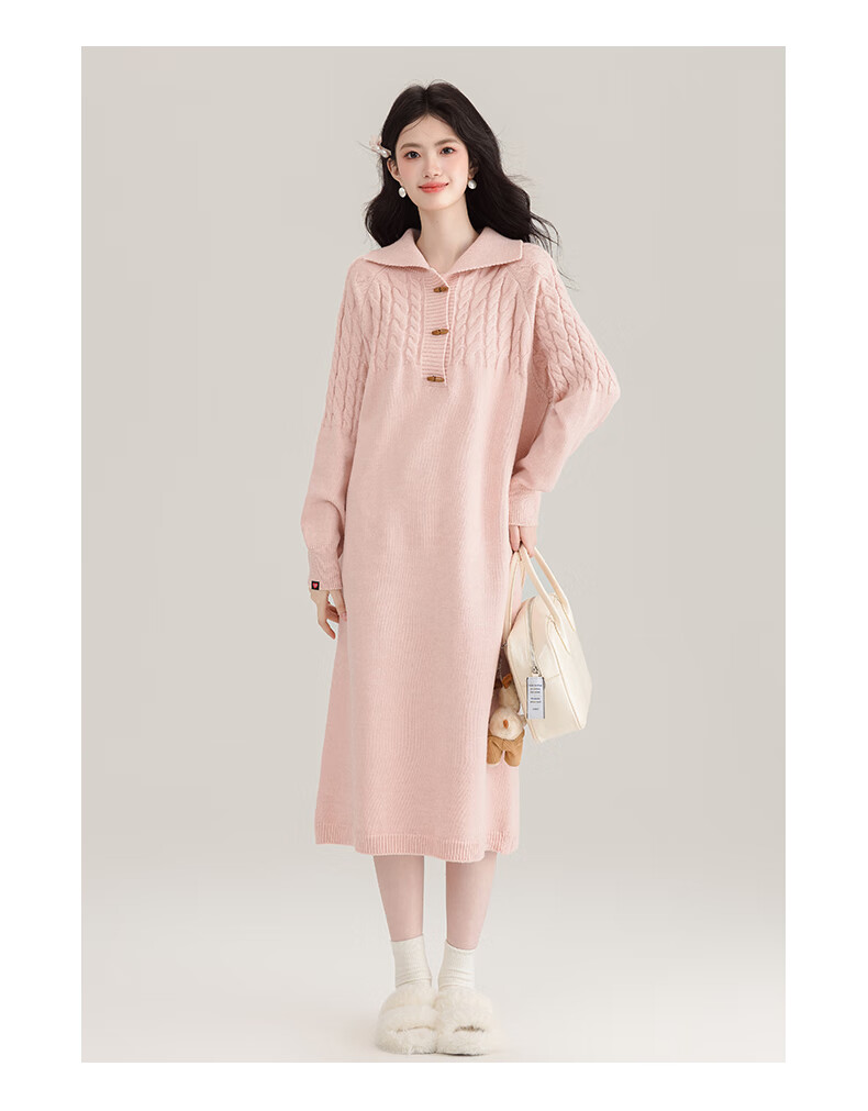 :CHOCOOLATE Women's Red Cable Knit Pullover Dress with Turn-Down Collar, Warm Sweater Dress for Spring and Autumn, Size M 7
