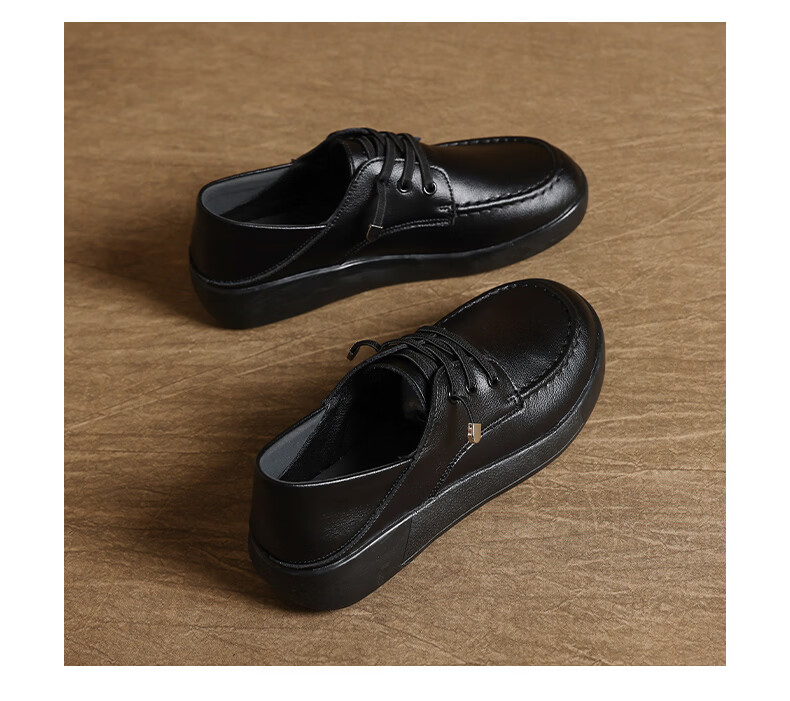 MULINSEN Women's Leather Shoes, Spring And Summer Casual White Sneakers, Flat Loafers, Slip-On Soft-Soled Mom Shoes, Black, Size 38 12