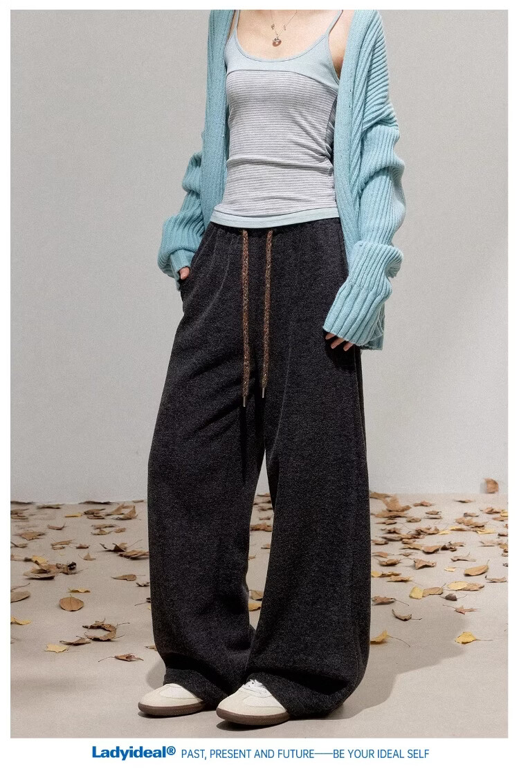 LADY IDEAL Brushed Casual Pants for Women 2025 Spring New Draped Straight Loose Wide-Leg Pants Black M 10