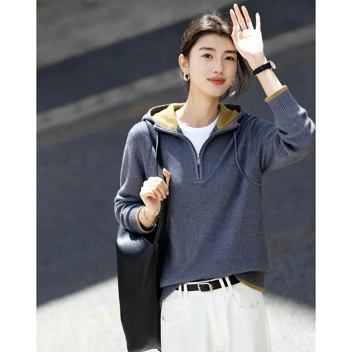 Demana [Elegant Gray Morning Mist] Winter Hooded Half-Zip Colorblock Knit Sweater Women's Top