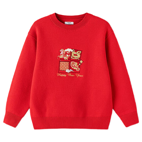 Balabala [balaOne] Kids Jacquard Knit Red Sweater Soft New Year Greeting Clothes for Boys and Girls