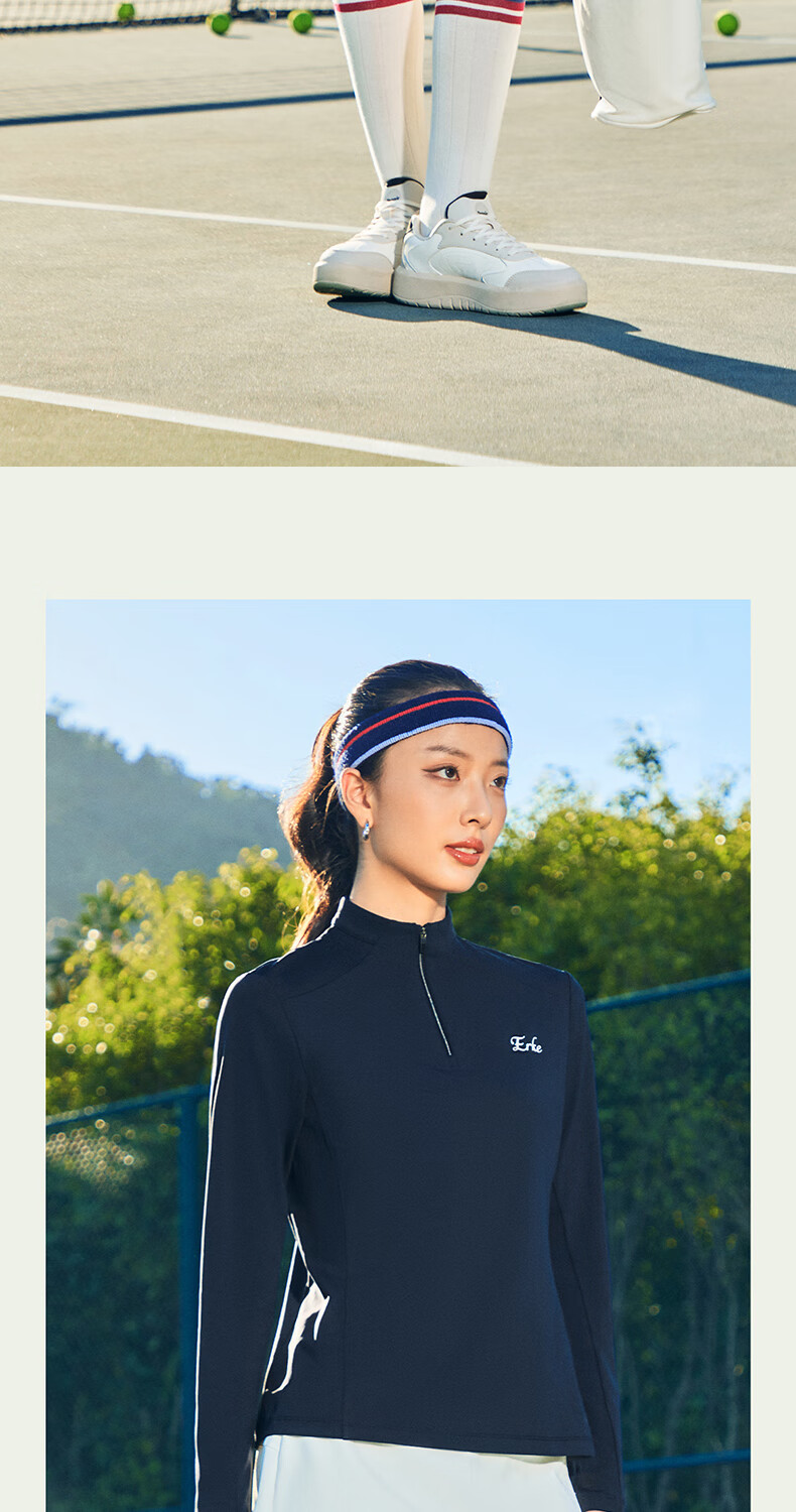 ERKE Women's Long Sleeve T-Shirt 2026 New Half-Placket Stand Collar Tennis Slim Fit Sports Top Versatile Base Layer Running Shirt 9